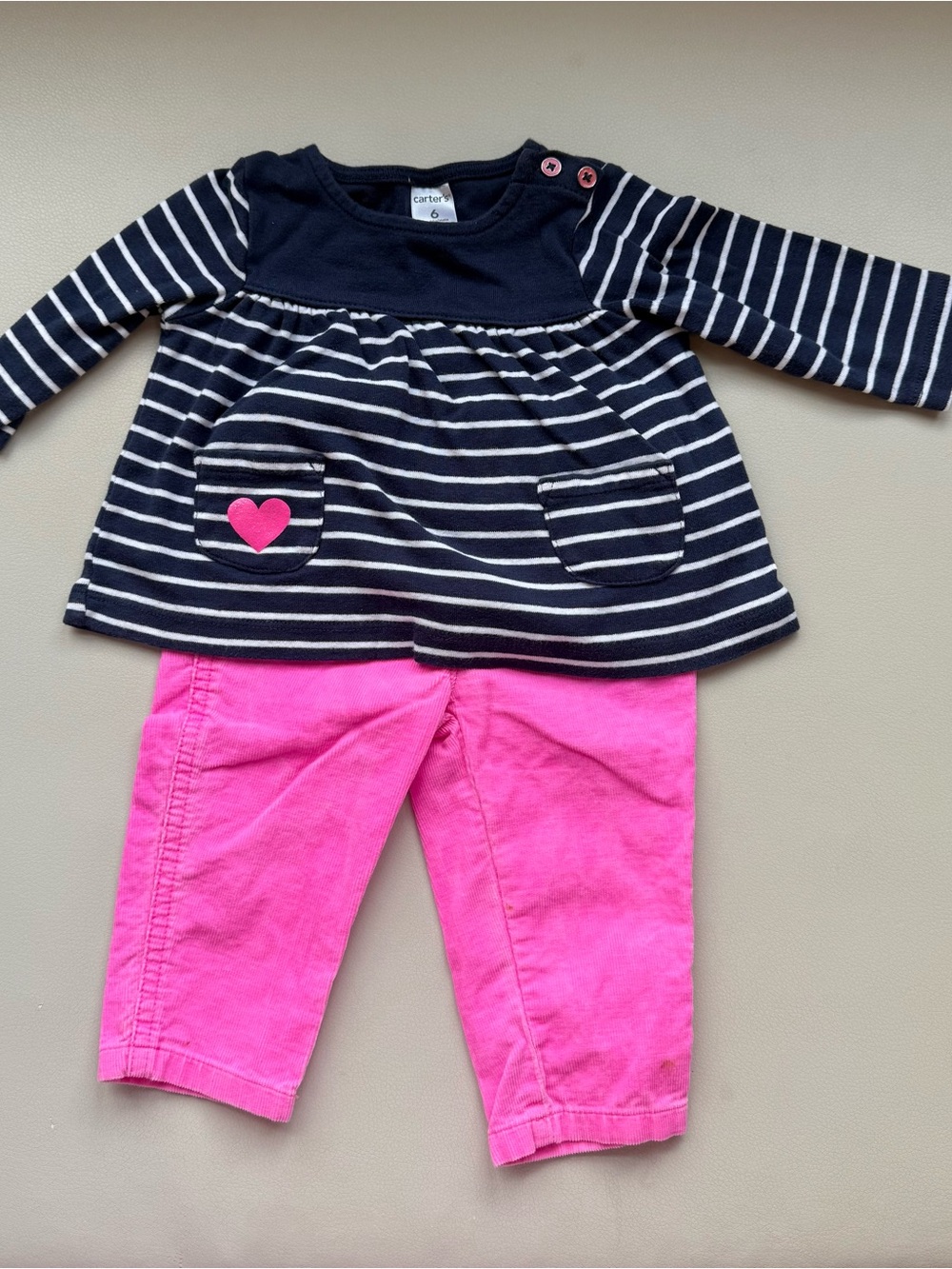 Carter's Navy & White Striped Top with Pink Heart and Bright Pink Pants